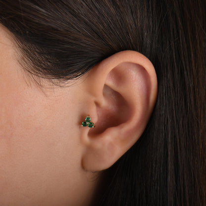 18K Gold Three Stones Natural Emerald Tragus Piercing, 14k Sapphire Cluster Tragus Earrings, Ruby Color Stone Cartilage Tragus Piercing