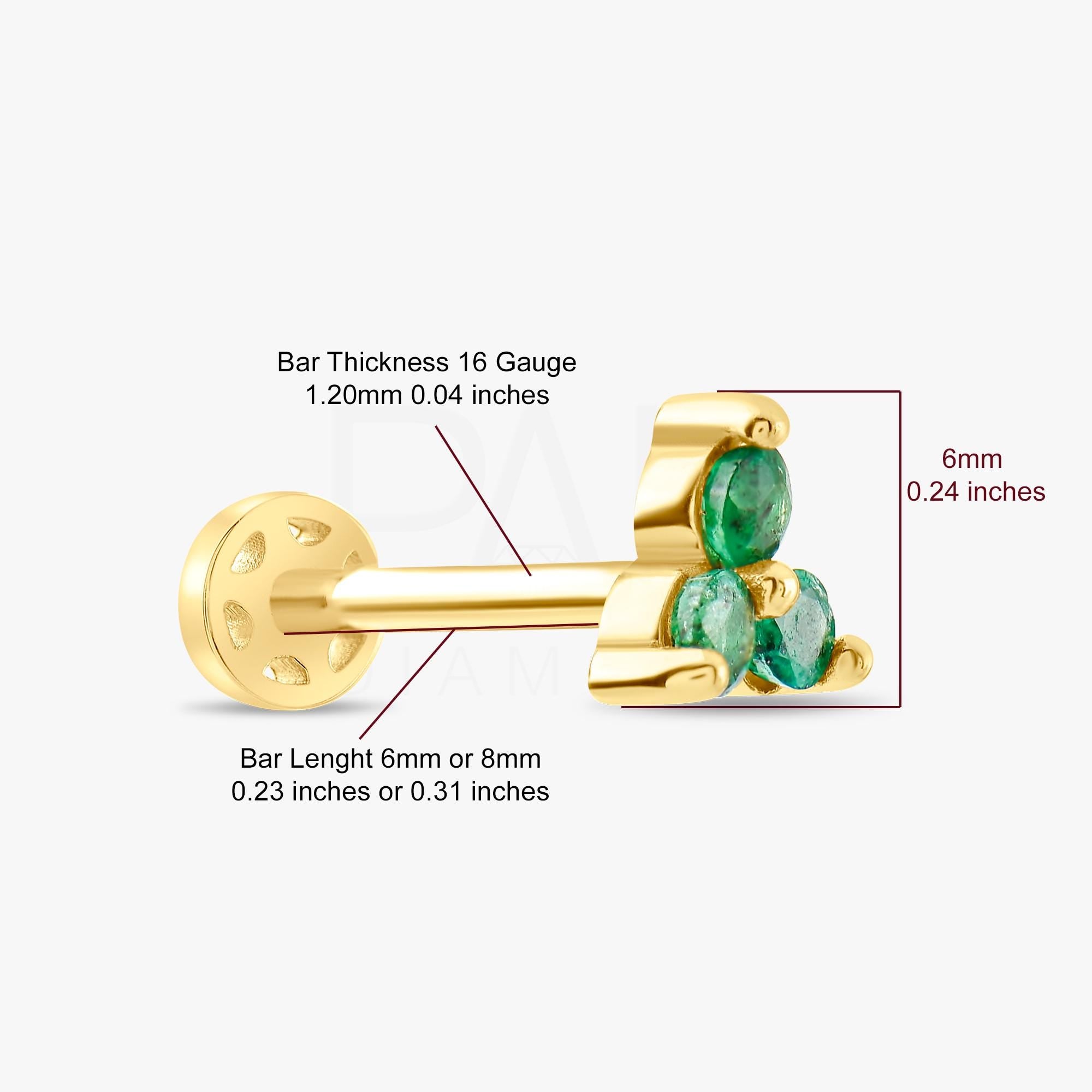 18K Gold Three Stones Natural Emerald Tragus Piercing, 14k Sapphire Cluster Tragus Earrings, Ruby Color Stone Cartilage Tragus Piercing