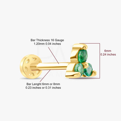 18K Gold Three Stones Natural Emerald Tragus Piercing, 14k Sapphire Cluster Tragus Earrings, Ruby Color Stone Cartilage Tragus Piercing