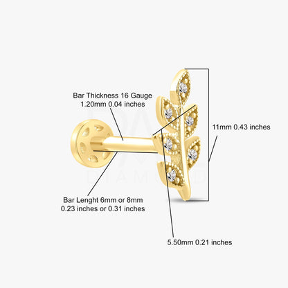 18k Diamond Olive Leaf Tragus Piercing, 14k Gold Dainty Leaf Tragus Earrings, Screw Back Diamond Cartilage Leaf Tragus Piercing for Women