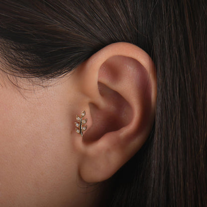 18k Diamond Olive Leaf Tragus Piercing, 14k Gold Dainty Leaf Tragus Earrings, Screw Back Diamond Cartilage Leaf Tragus Piercing for Women