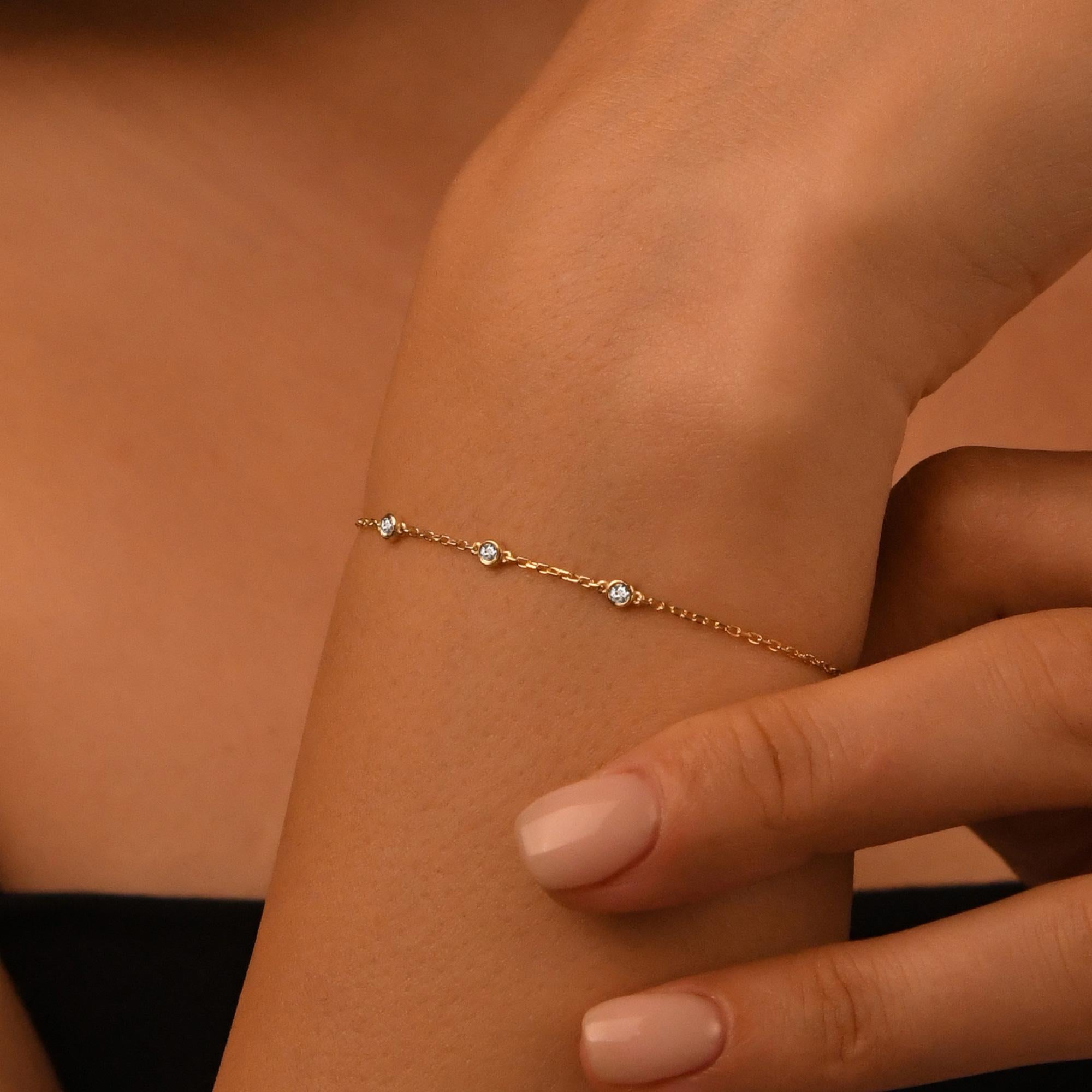 18k Diamond Solitaire Bracelet, 14k Solid Gold Bezel Setting Solitaire Bracelet, Dainty Diamond Layering Bracelet, Gold Adjustable Bracelet