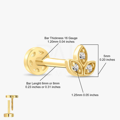 18k Solid Gold Dainty Diamond Clover Tragus Piercing, 14k Lotus Diamond Tragus Earrings, Three Leaf Clover Gold Cartilage Tragus Piercing