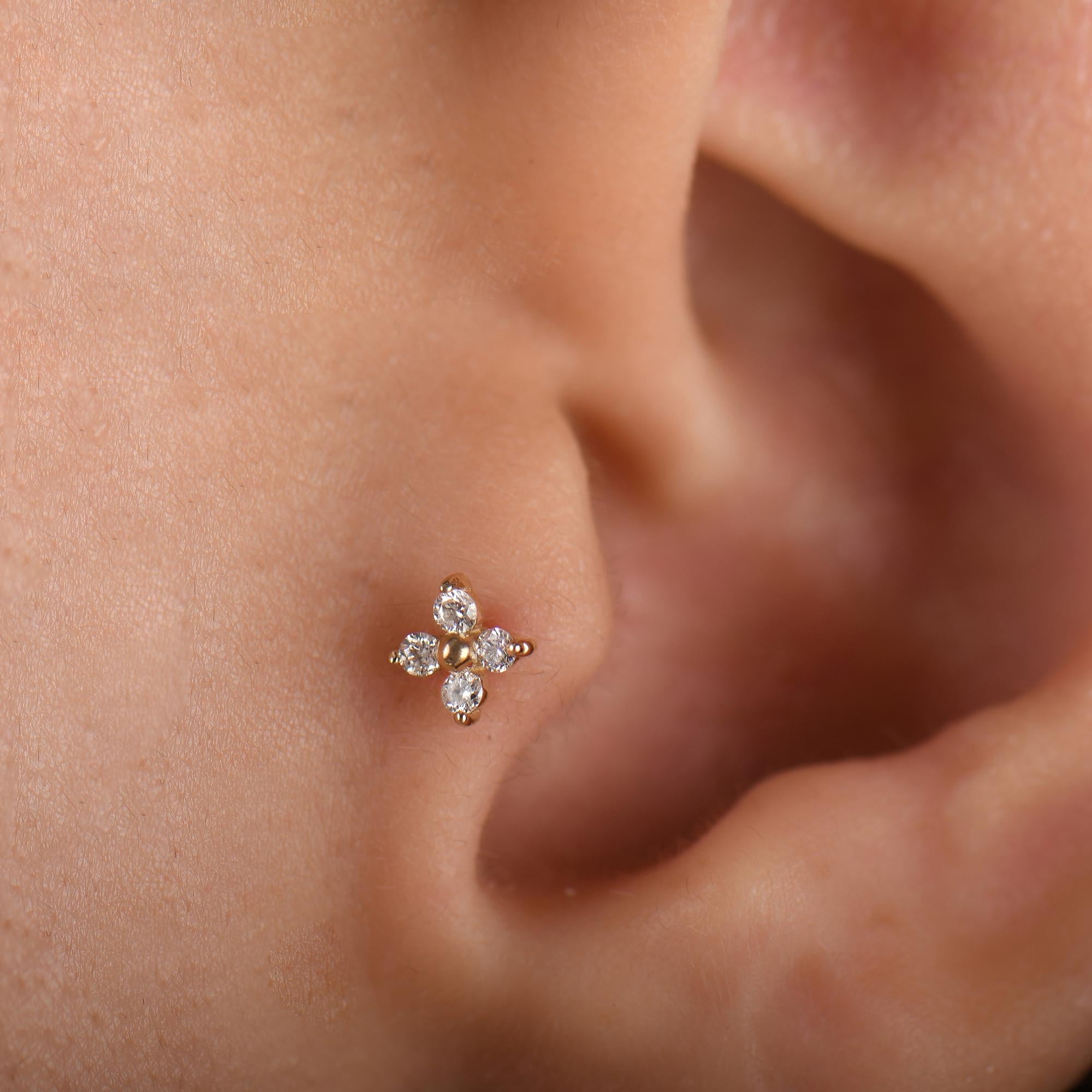 18k Solid Gold Clover Flower Diamond Tragus Earrings, Clover Diamond Tragus Piercing, Screw Back Diamond Flower Earrings, Cartilage Piercing