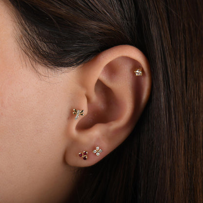 18k Solid Gold Clover Flower Diamond Tragus Earrings, Clover Diamond Tragus Piercing, Screw Back Diamond Flower Earrings, Cartilage Piercing