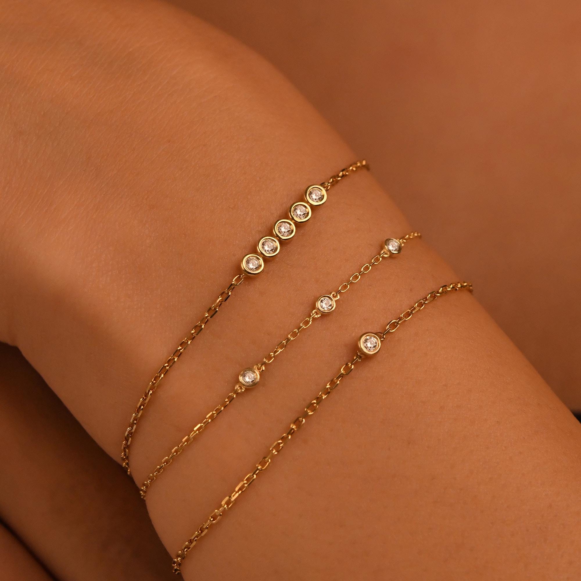 18k Diamond Solitaire Bracelet, 14k Solid Gold Bezel Setting Solitaire Bracelet, Dainty Diamond Layering Bracelet, Gold Adjustable Bracelet