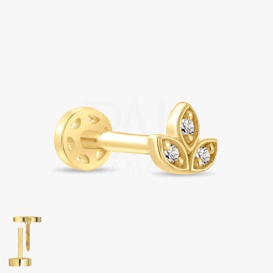 18k Solid Gold Dainty Diamond Clover Tragus Piercing, 14k Lotus Diamond Tragus Earrings, Three Leaf Clover Gold Cartilage Tragus Piercing