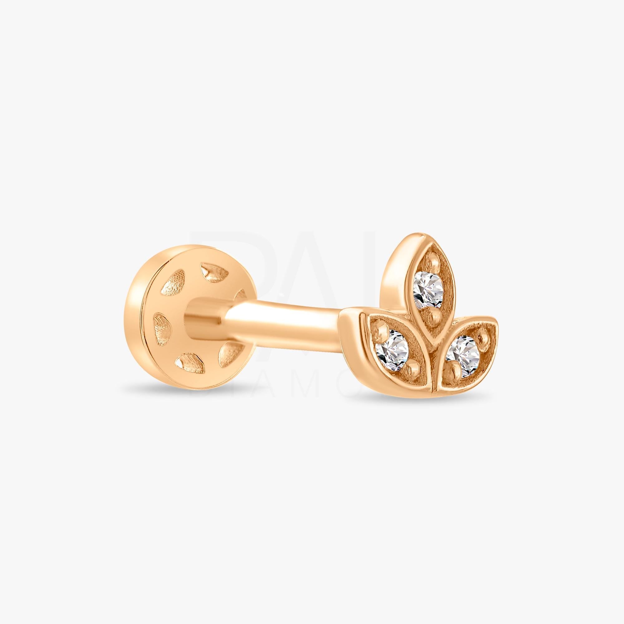18k Solid Gold Dainty Diamond Clover Tragus Piercing, 14k Lotus Diamond Tragus Earrings, Three Leaf Clover Gold Cartilage Tragus Piercing