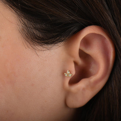 18k Solid Gold Dainty Diamond Clover Tragus Piercing, 14k Lotus Diamond Tragus Earrings, Three Leaf Clover Gold Cartilage Tragus Piercing