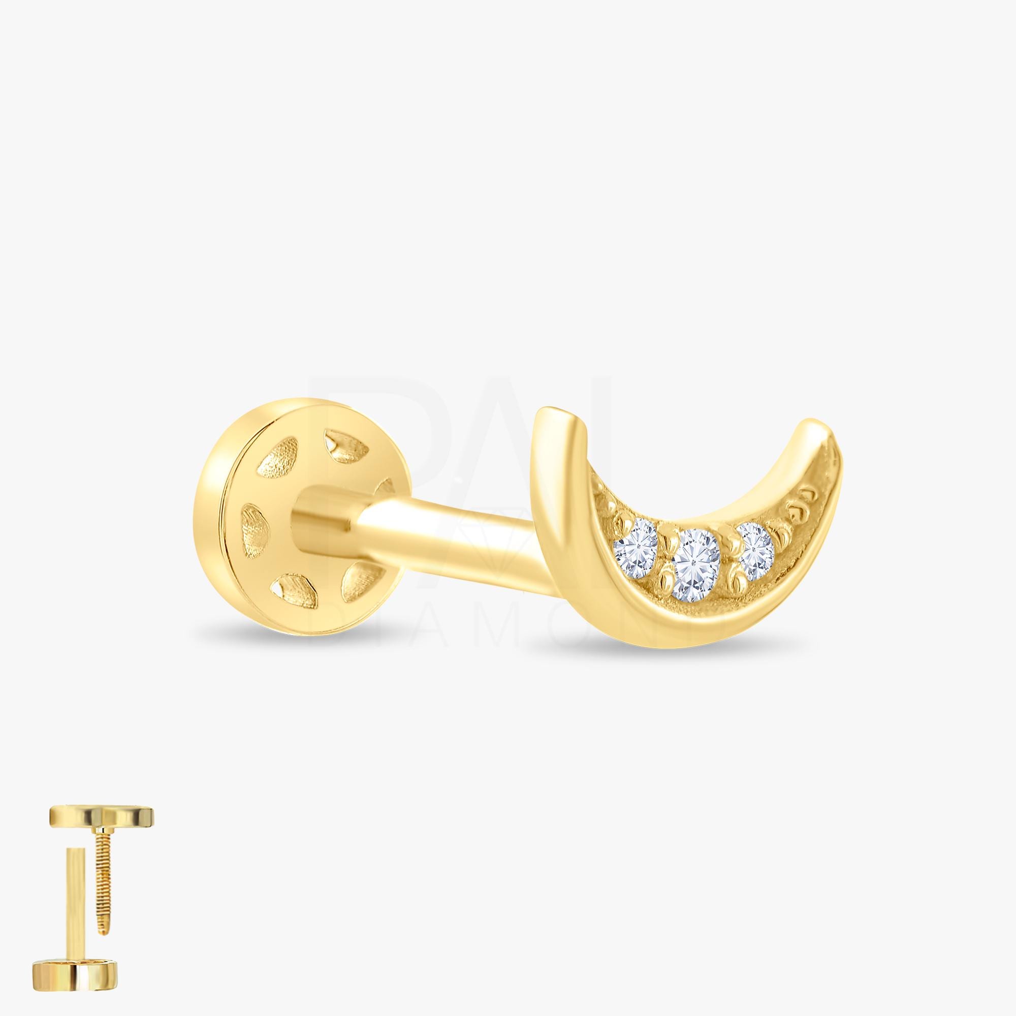 18k Diamond Moon Cartilage Tragus Earring, 14k Solid Gold Half Moon Tragus Piercing, Moon Cartilage Earring, Mini Moon Diamond Earrings