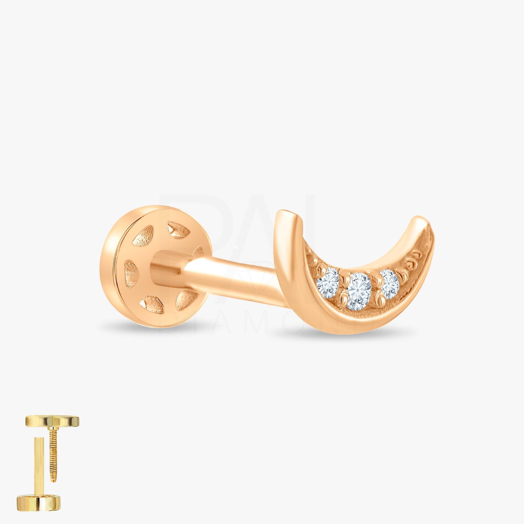 18k Diamond Moon Cartilage Tragus Earring, 14k Solid Gold Half Moon Tragus Piercing, Moon Cartilage Earring, Mini Moon Diamond Earrings