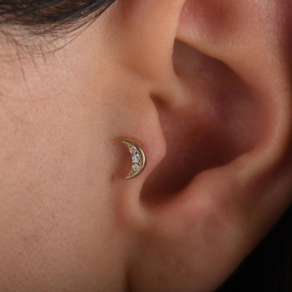 18k Diamond Moon Cartilage Tragus Earring, 14k Solid Gold Half Moon Tragus Piercing, Moon Cartilage Earring, Mini Moon Diamond Earrings
