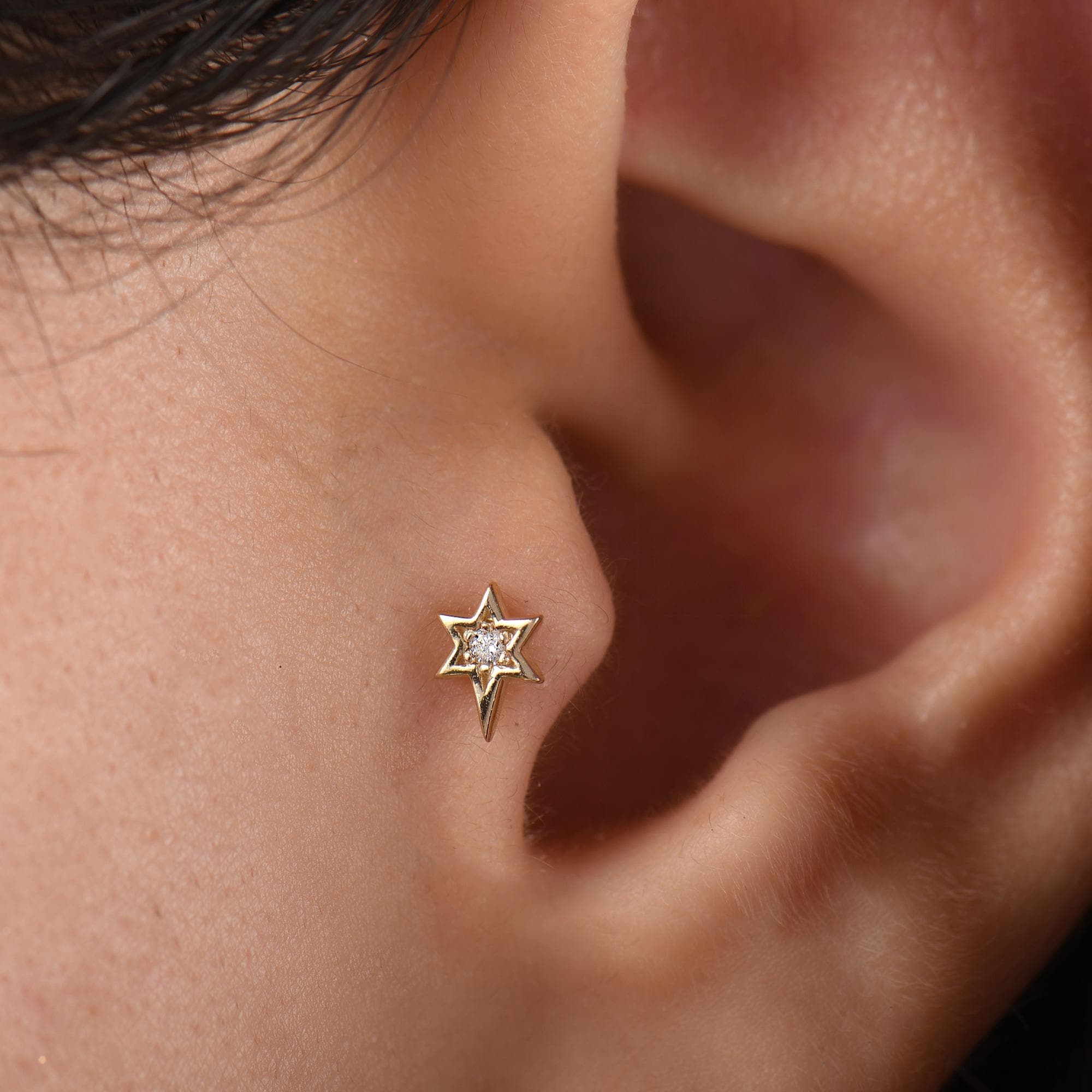 18k Diamond Celestial North Star Tragus Piercing, 14k Solid Gold Star Tragus Earrings, Diamond Pole Star Cartilage Tragus Earrings