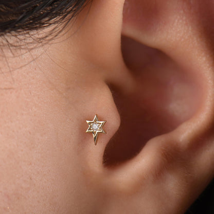 18k Diamond Celestial North Star Tragus Piercing, 14k Solid Gold Star Tragus Earrings, Diamond Pole Star Cartilage Tragus Earrings