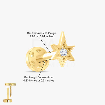 18k Diamond Celestial North Star Tragus Piercing, 14k Solid Gold Star Tragus Earrings, Diamond Pole Star Cartilage Tragus Earrings