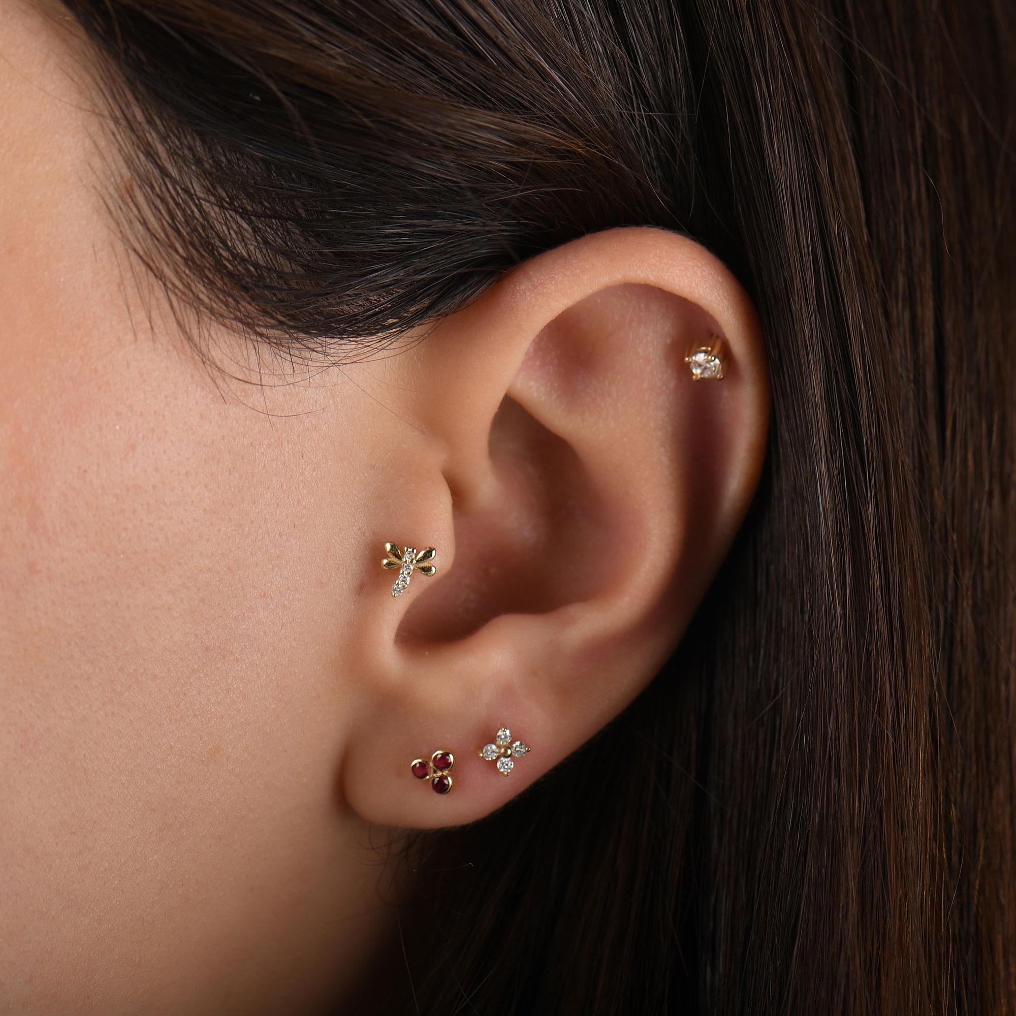 18k Solid Gold Diamond Dragonfly Tragus Piercing, 14k Natural Diamond Dragonfly Tragus Earring, Dainty Diamond Tragus Piercing for Women