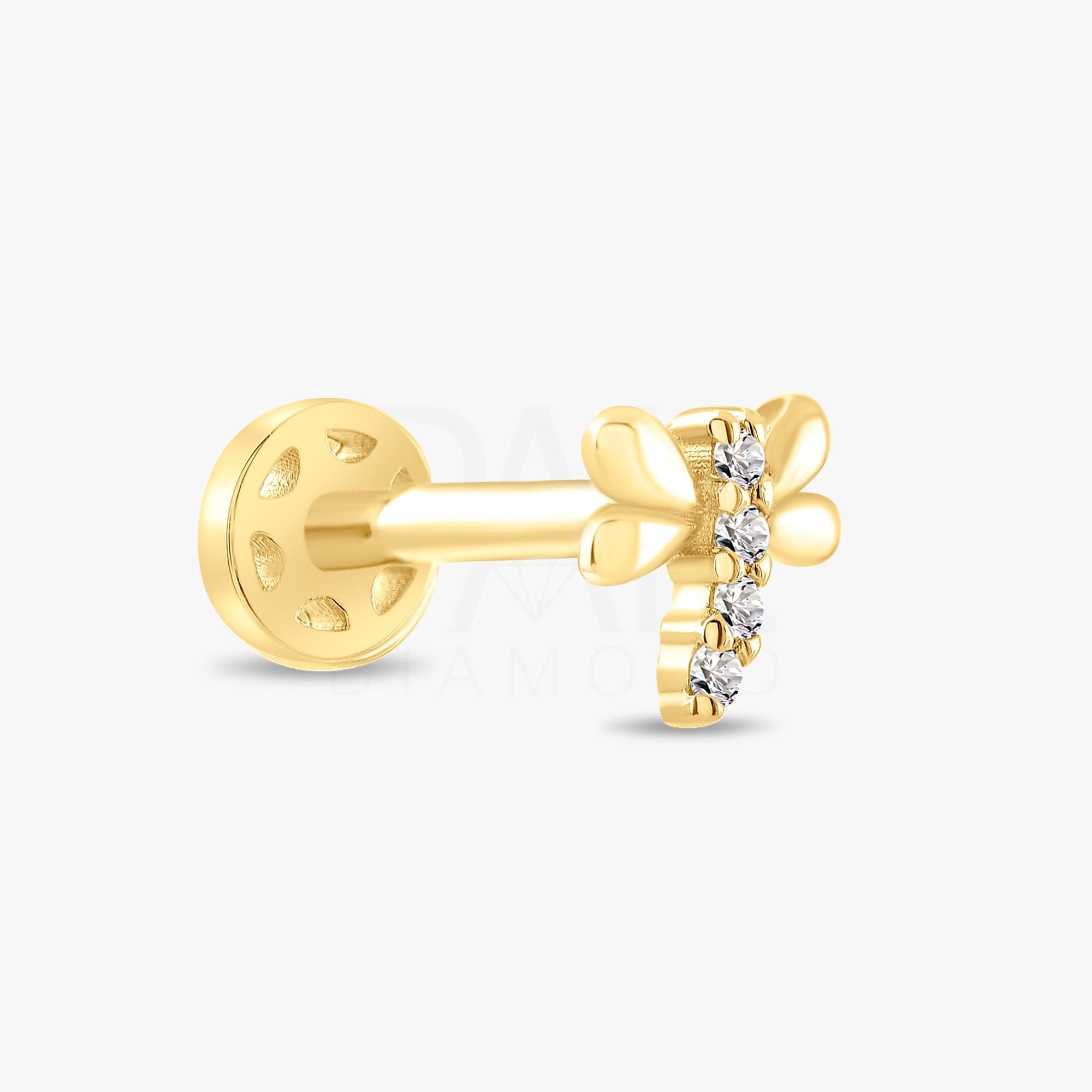 18k Solid Gold Diamond Dragonfly Tragus Piercing, 14k Natural Diamond Dragonfly Tragus Earring, Dainty Diamond Tragus Piercing for Women