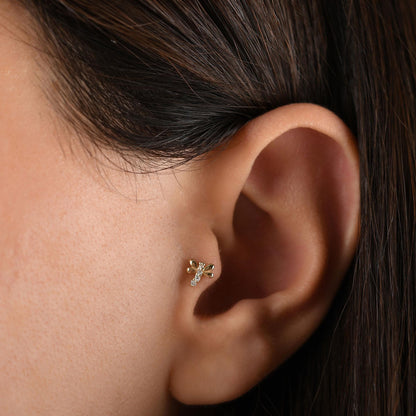 18k Solid Gold Diamond Dragonfly Tragus Piercing, 14k Natural Diamond Dragonfly Tragus Earring, Dainty Diamond Tragus Piercing for Women