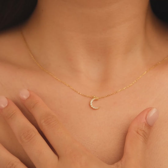 18k Solid Gold Diamond Crescent Necklace 14k Diamond Moon Necklace