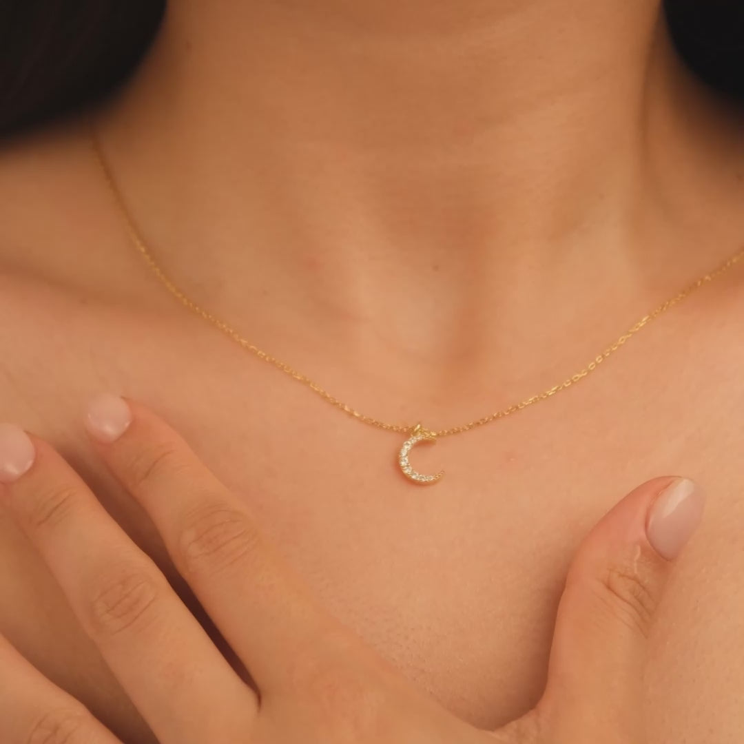 18k Solid Gold Diamond Crescent Necklace 14k Diamond Moon Necklace